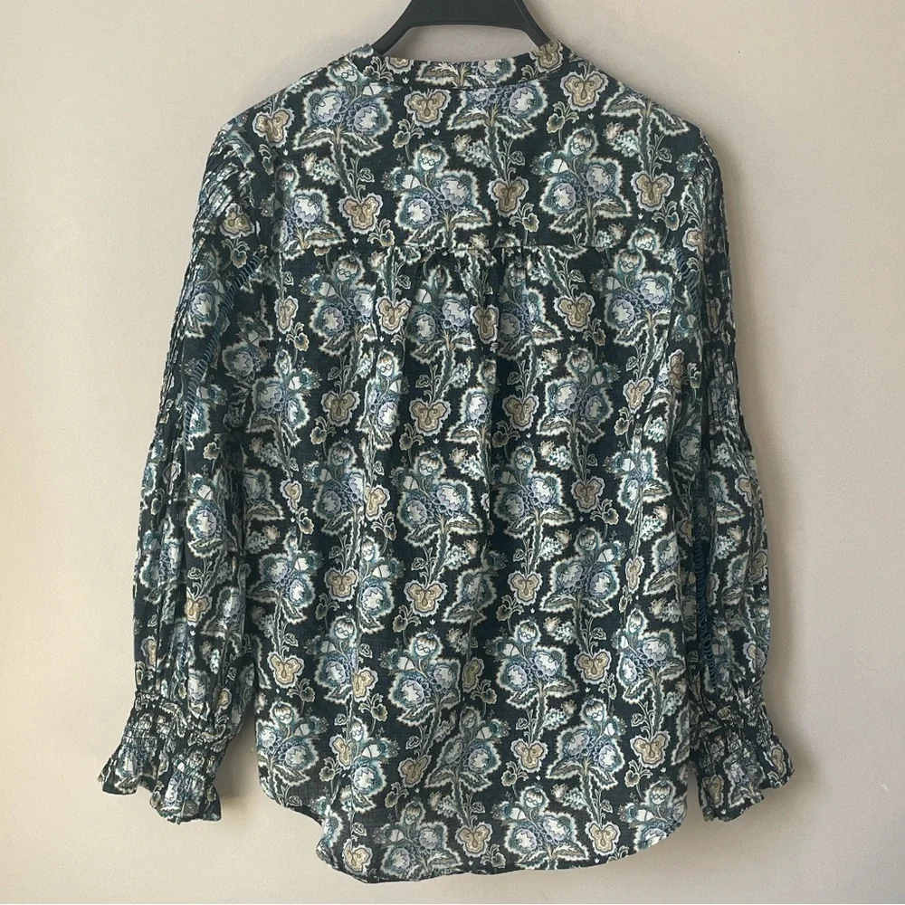 Anthropologie Ruffled Neck Puff Sleeves Floral Knitted Details Tunic Top